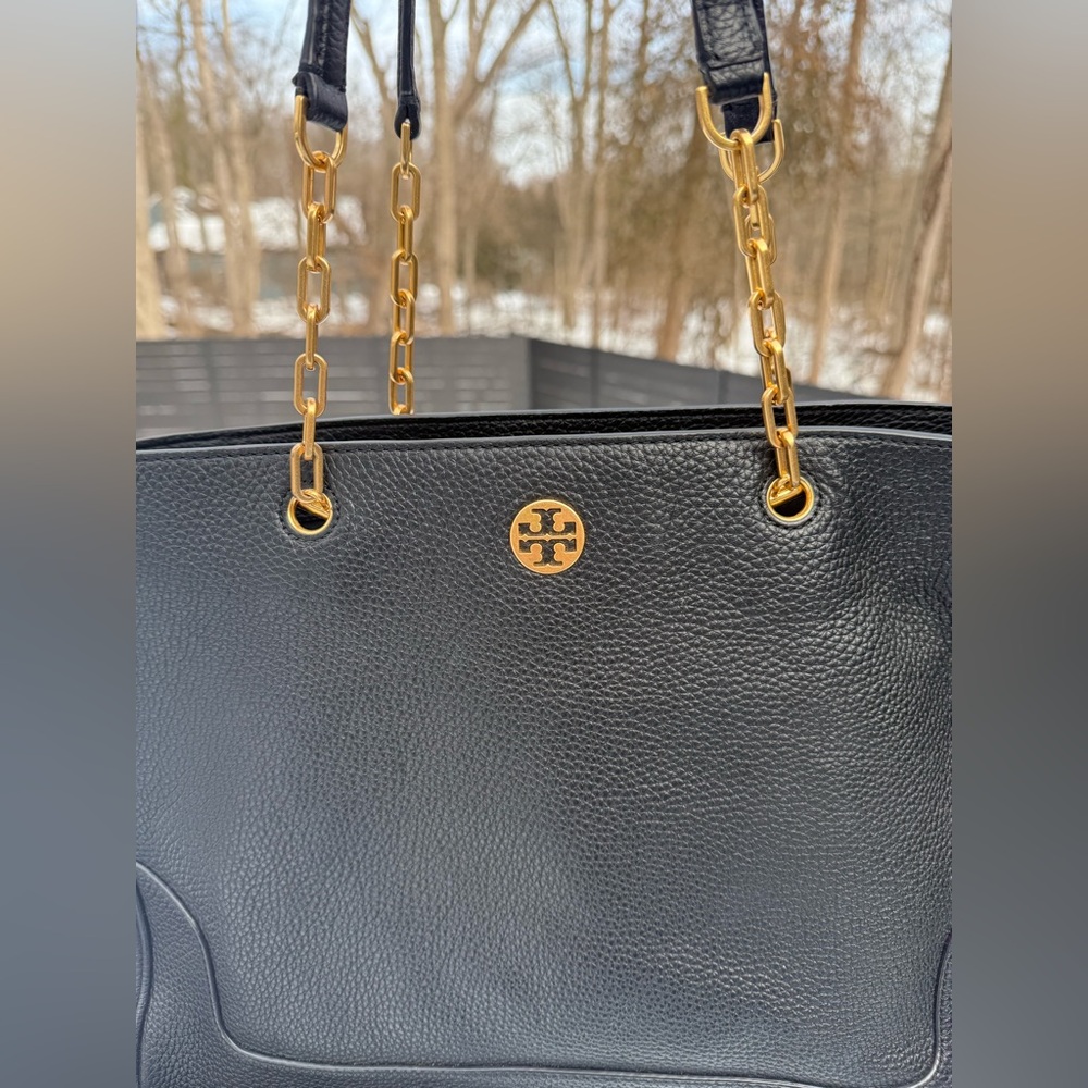 Tory Burch Marsden Black Pebbled Leather Tote Gold Chain Shoulder Bag - Picture 3 of 6
